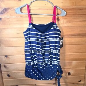 NWT Mazu Apparel Tankini Swim Top Navy Stripe Polka Dot Womens Size 8 Pool Beach